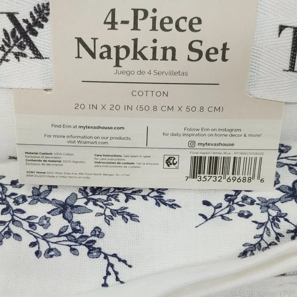 My Texas House Floral Napkin Set 4-Piece White Blue Cotton 20x20 Dinner Napkins
